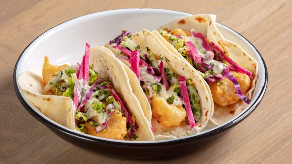 Fried cod tacos with coriander slaw and spicy lime aioli at St Kilda cafe, Des Moines, Iowa.
