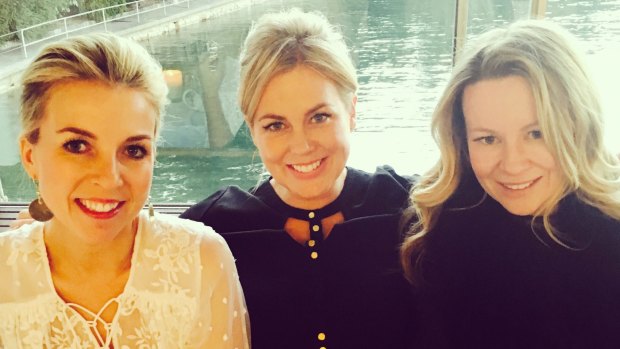 Samantha Armytage, centre, with Adene Cassidy and Sarah Stinson – the partners of the 'mystery men' Sam was photographed with.