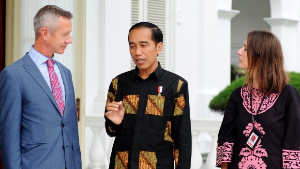 Indonesian President Joko Widodo being interviewed by Indonesia correspondent Jewel Topsfield and international editor Peter Hartcher.