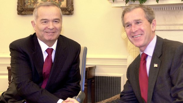 Islam Karimov in the Oval Office with former US president George W. Bush during the post- 9/11 years.