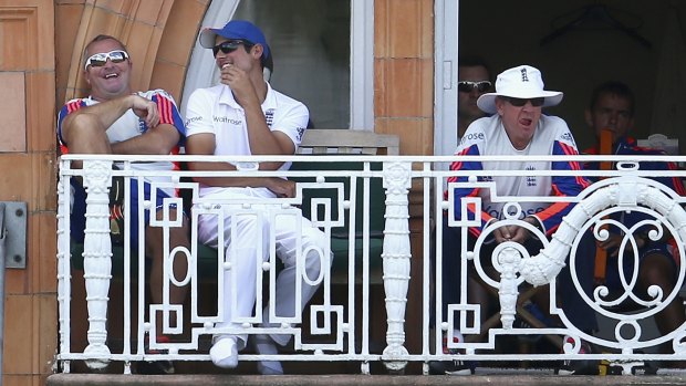 Managing a smile: England assistant coach Paul Farbrace (left), Alastair Cook and England coach Trevor Bayliss look on during day four of the second Ashes Test.