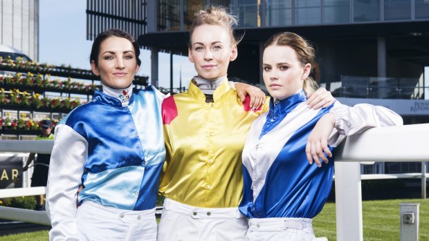 Riding into racing history: Tegan Harrison, Kathy O'Hara and Winona Costin. The first time in history three female jockey's will be racing in a group one event. 