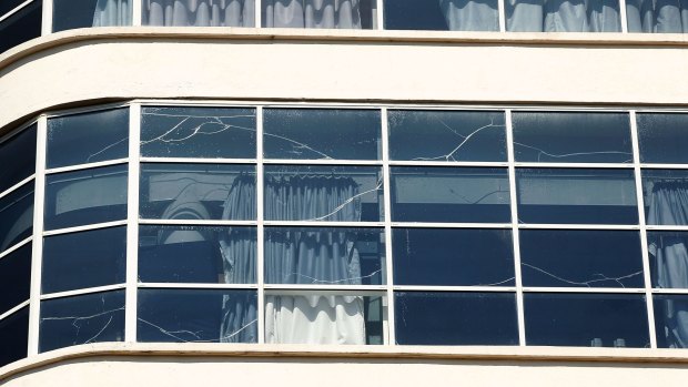 Cracked windows at Concord Hospital.
