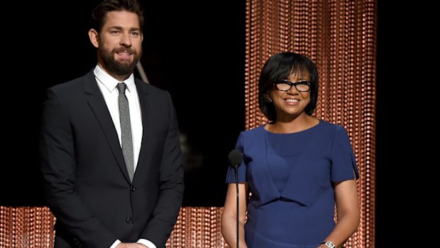 Academy of Motion Picture Arts and Sciences president Cheryl Boone Isaacs (right) announces the Oscar nominees with actor John Krasinski.