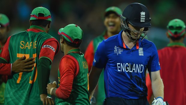  England captain Eoin Morgan heads back to the dressing room for 0 during his side's loss to Bangladesh at Adelaide Oval.