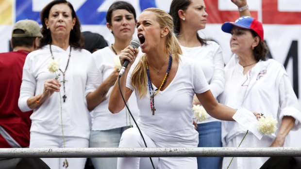 Lilian Tintori, wife of Venezuelan opposition leader Leopoldo Lopez, speaks during a rally in support of political priosners in Caracas.