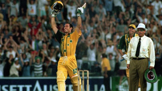 SYDNEY, AUSTRALIA - 1996:  Michael Bevan of Australia celebrates after hitting a four off the last ball to win the One Day International match played between Australia and the West Indies at the Sydney Cricket Ground, 1996 in Sydney, Australia. (Photo by Getty Images) SYDNEY, AUSTRALIA - 1996: Michael Bevan of Australia celebrates after hitting a four off the last ball to win the One Day International match played between Australia and the West Indies at the Sydney Cricket Ground, 1996 in Sydney, Australia. (Photo by Getty Images)