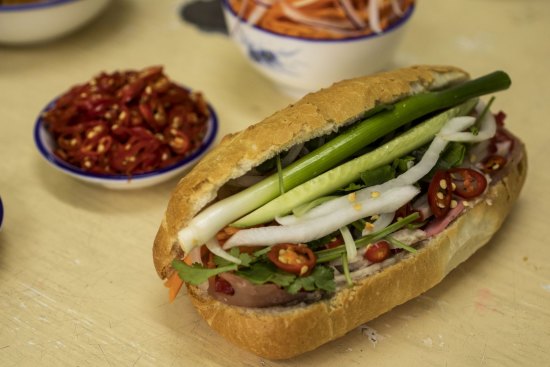 Pork banh mi roll served at Banh Mi Bay Ngo in Bankstown.