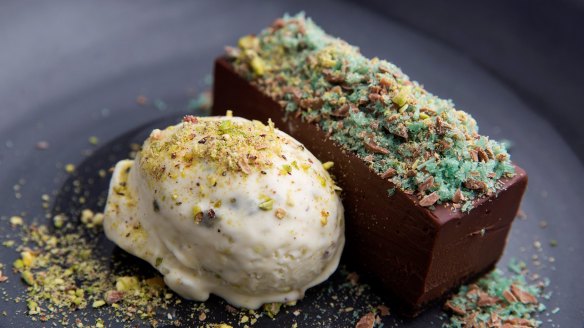 Chocolate and peppermint slice with pistachio ice-cream.
