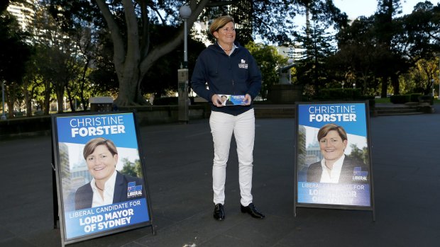 Christine Forster, a Liberal councillor in the City of Sydney and sister of former prime minister Tony Abbott, campaigns to become Sydney's lord mayor in Hyde Park.