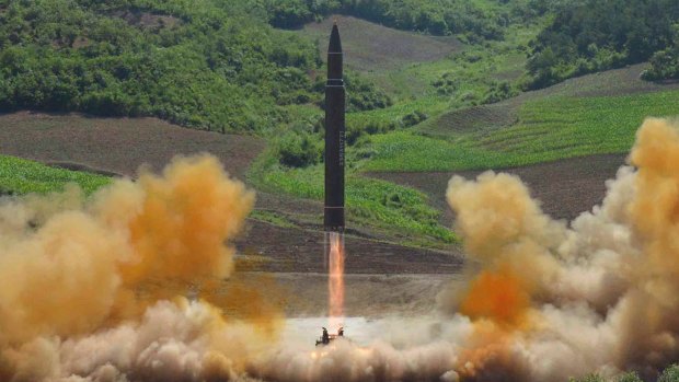 This photo distributed by the North Korean government shows what was said to be the launch of a Hwasong-14 intercontinental ballistic missile during North Korea's last missile tests.