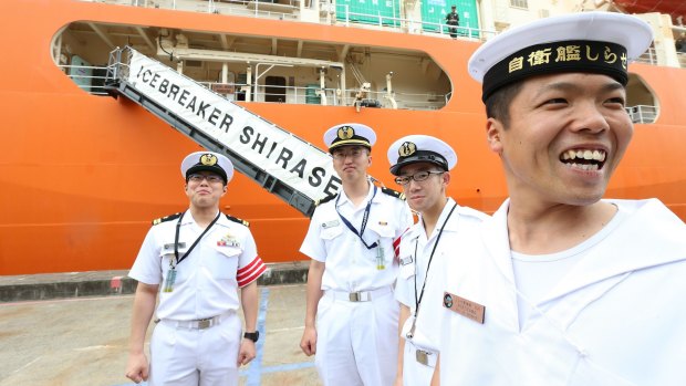 Crew members from the Japanese icebreaker Shirase at Garden Island on Good Friday.