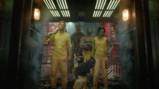 Comic swagger:  (Left to right) Peter Quill aka Starlord, played by Chris Pratt, Groot (voiced by Vin Diesel), Robert Raccoon (Bradley Cooper), Drax the Destroyer (Dave Bautista) and Gamora (Zoe Saldana).