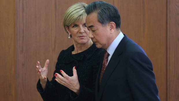 Chinese Foreign Minister Wang Yi and Australian Foreign Minister Julie Bishop in Beijing in February.