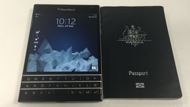 The Blackberry Passport next to an Australian passport.