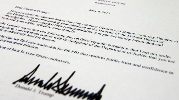 The termination letter from US President Donald Trump to FBI director James Comey.