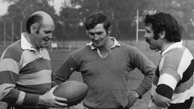 Murdoch (right) at a training session on the 1972 tour with All Blacks coach Bob Duff (left) and skipper Ian (Kirkpatrick.