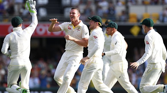 Finding his groove: Australia and Josh Hazlewood celebrate his dismissal of James Vince for 2 runs.
