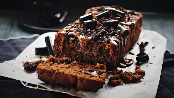 On the baking list: Chocolate, licorice and caramel loaf cake with licorice crumb. 