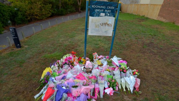 Flowers at Koonung Creek Linear Park in Doncaster a few days after Masa Vukotic was murdered.