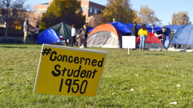 A sign is posted where student protesters have put up tents on the University of Missouri in Columbia, Missouri. 