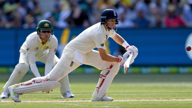 Joe Root of England strikes the ball on day two of the Boxing Day test match.