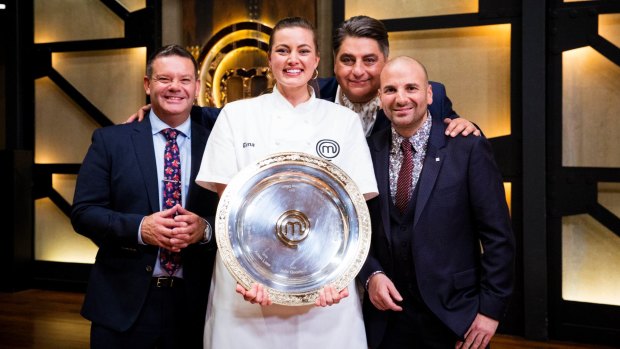 This year's <i>MasterChef</i>, Elena Duggan, with judges (from left) Gary Mehigan, Matt Preston and George Calombaris.