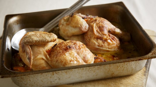 Wet-roasted chicken with carrots and sherry.