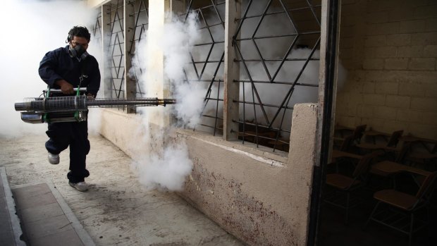 War zone: A worker fumigates a school in Tegucigalpa, Honduras, to combat  mosquitoes that transmit the Zika virus.