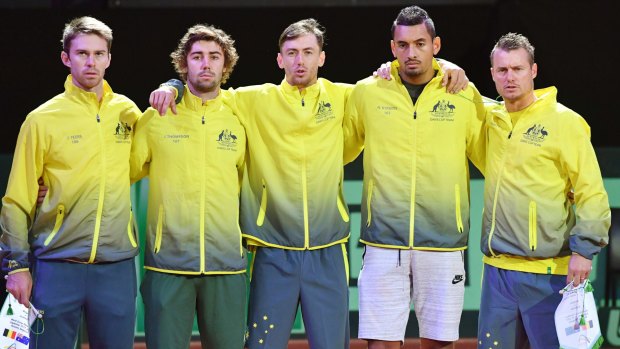 Squad goals: Australian players stand together before a Davis Cup semi-final match.