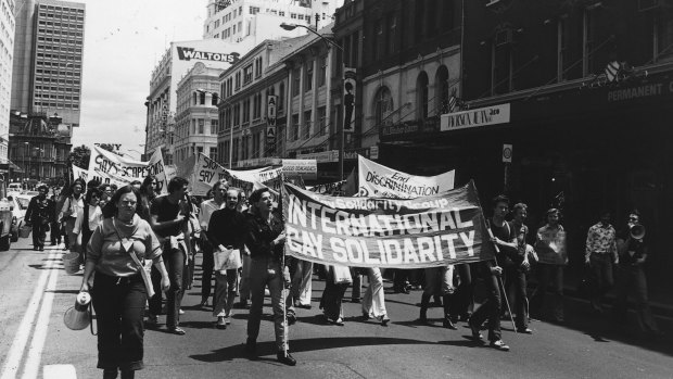Homosexuals demonstrate in the morning march in Sydney before a street parade that would eventually evolve into the Sydney Mardi Gras. 