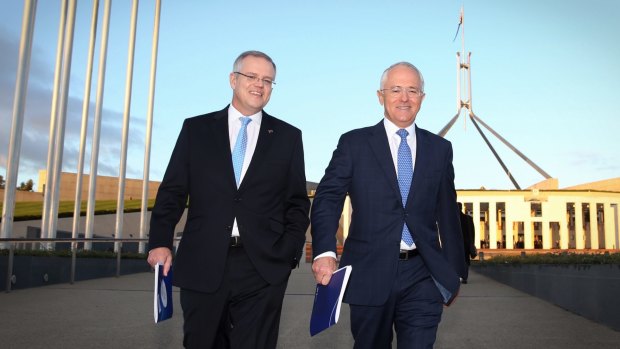 Prime Minister Malcolm Turnbull and Treasurer Scott Morrison begin the budget sell outside Parliament House.