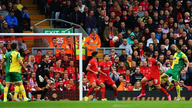 Russell Martin equalises for Norwich City at Anfield.