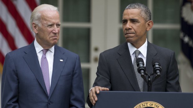 President Barack Obama and  Vice-President Joe Biden in the Rose Garden of the White House.