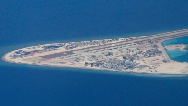 An airstrip, structures and buildings on China's man-made Subi Reef in the Spratly chain of islands in the South China Sea.