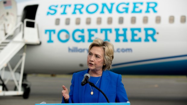 Democratic presidential candidate Hillary Clinton in New York before boarding her campaign plane on Thursday.