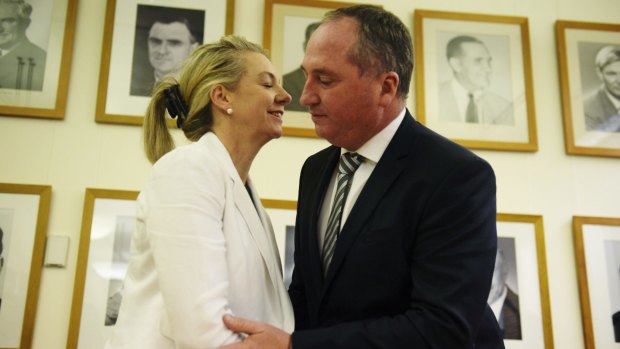 Deputy Prime Minister Barnaby Joyce congratulates the Nationals deputy leader Bridget McKenzie last week.