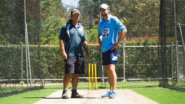 Old digs: Nathan Lyon with former boss and Manuka Oval curator Brad van Dam.