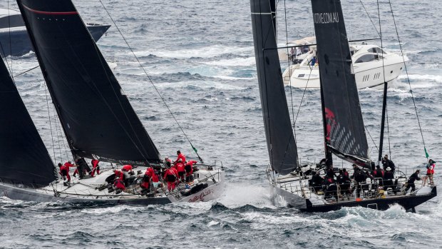 Close call: The incident outside the Sydney heads where Wild Oats XI (left) narrowly avoids a collision with LDV Comanche.