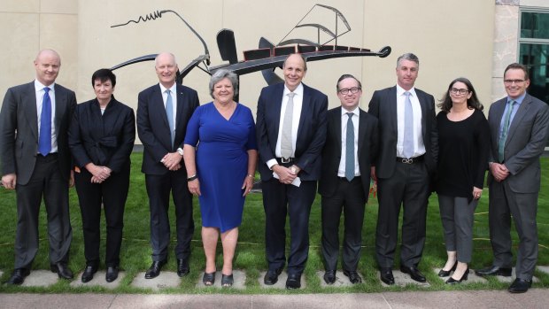 The Business Council of Australia left to right Ian Narev, Jennifer Westacott, Richard Goyder, Joanne Farrell (not on board), Grant King, Alan Joyce, Brent Eastwood (not on board), Catherine Tanna and Andrew Mackenzie at Parliament House on Wednesday.