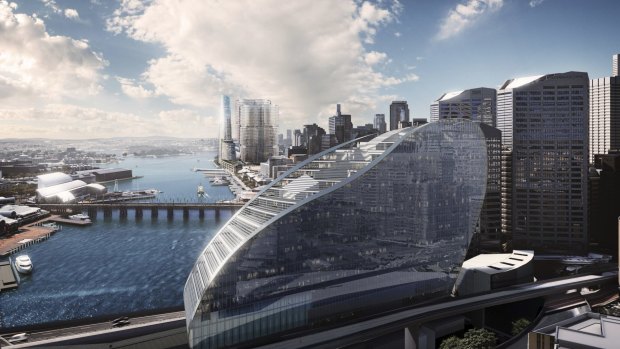 A proposed hotel and apartments complex will stand between expressways and be bracketed by Sydney Harbour and public spaces.