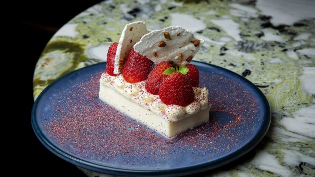 Layali luban (Nights of Lebanon) sees semolina rose pudding dressed up with pistachio meringue and summer berries.