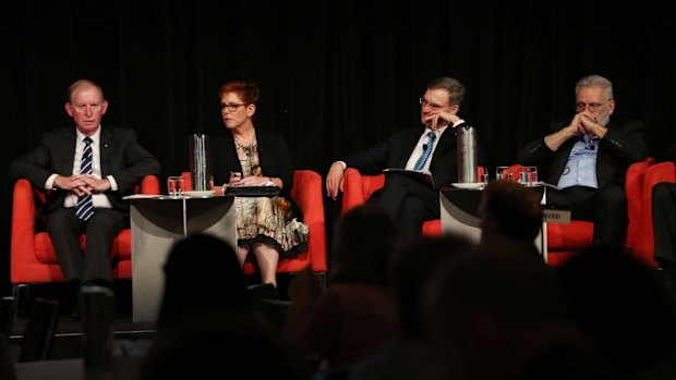 David Murray, Helen Rowell, and Greg Medcraft on Tuesday evening. Mr Murray said he was concerned about recent advertisements encouraging self-managed super funds to borrow to invest in property.