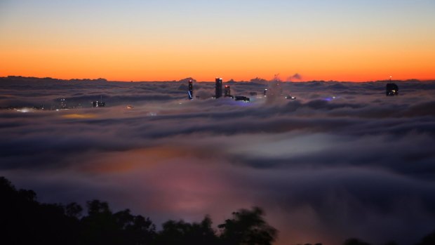 A thick fog covered Brisbane on Monday morning.