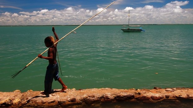 A boy with fish spear walks along ineffective seawall, Saibai Island, Torres Strait.
