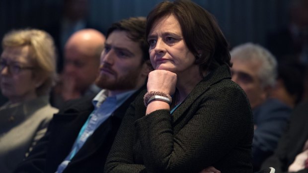 Cherie Blair looks on as her husband, former British PM Tony Blair, delivers a keynote speech at a pro-European Union event in February.