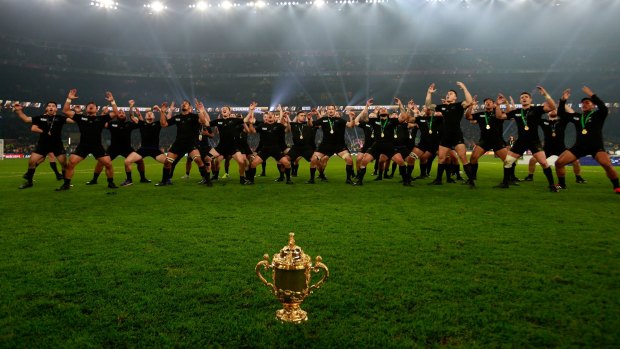One last dance: Victorious New Zealand players perform the Haka to celebrate winning the Webb Ellis Cup.