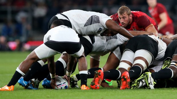 Tough scrum: Chris Robshaw of England looks on in the scrum during the match against Fiji.