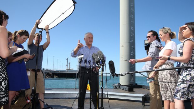 Prime Minister Malcolm Turnbull speaks to the media after stepping off an Australian Border Force patrol boat.