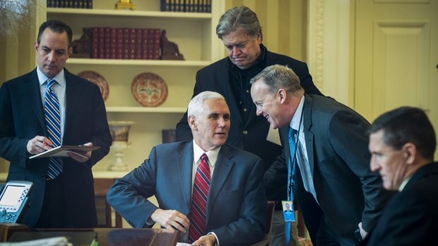 Chief of staff Reince Priebus, left, and chief strategist Stephen Bannon, back, met with Mr Hockey this month.